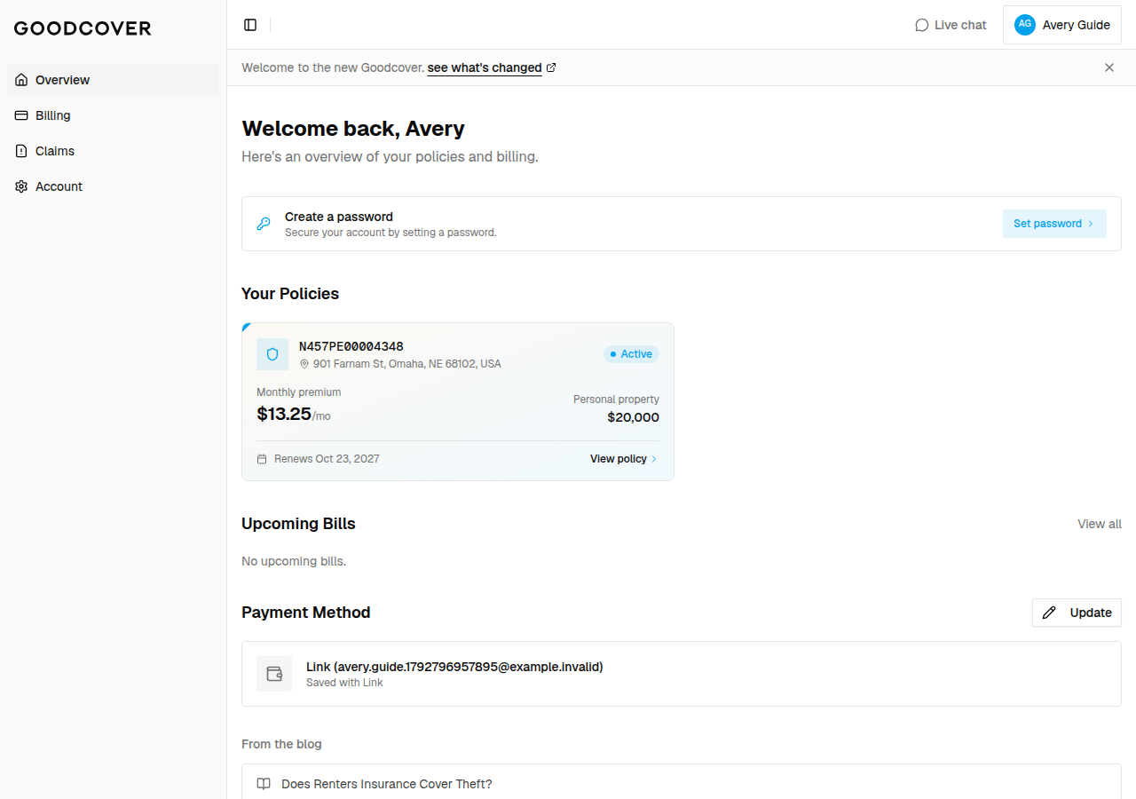Example Goodcover Member Dashboard Overview showing a policy card and View policy button