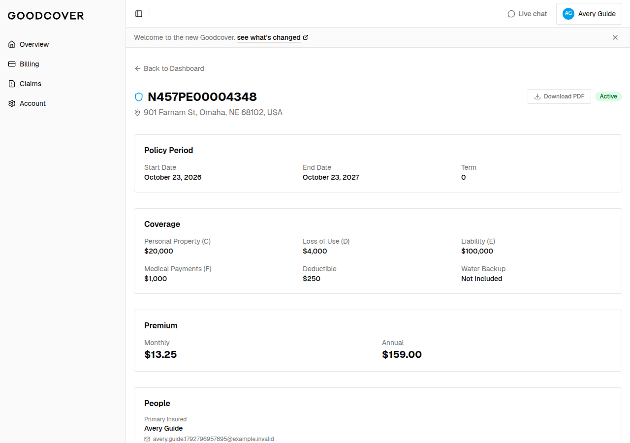 Example policy detail page with the Download PDF button