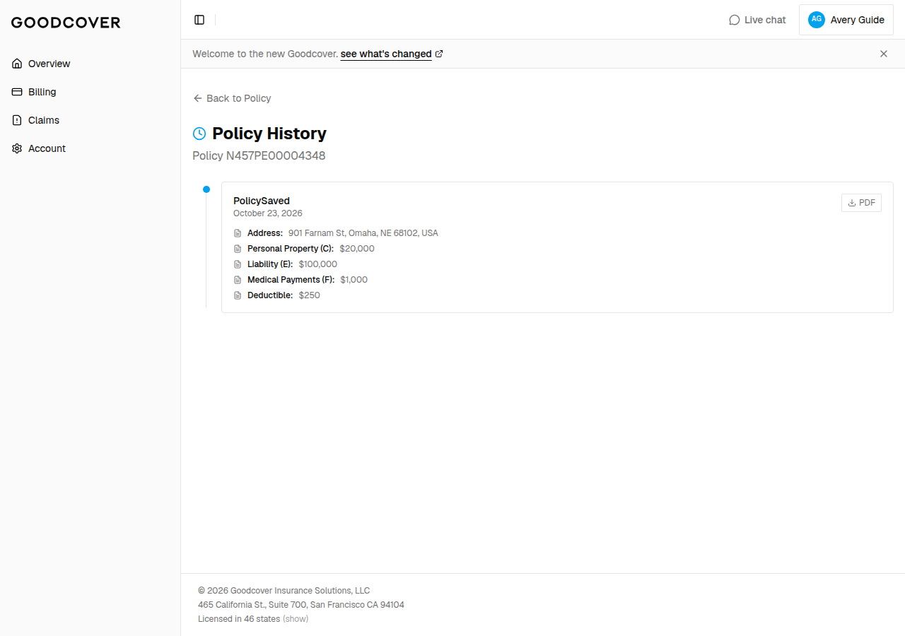 Example Policy History page with a PDF link next to a saved policy version