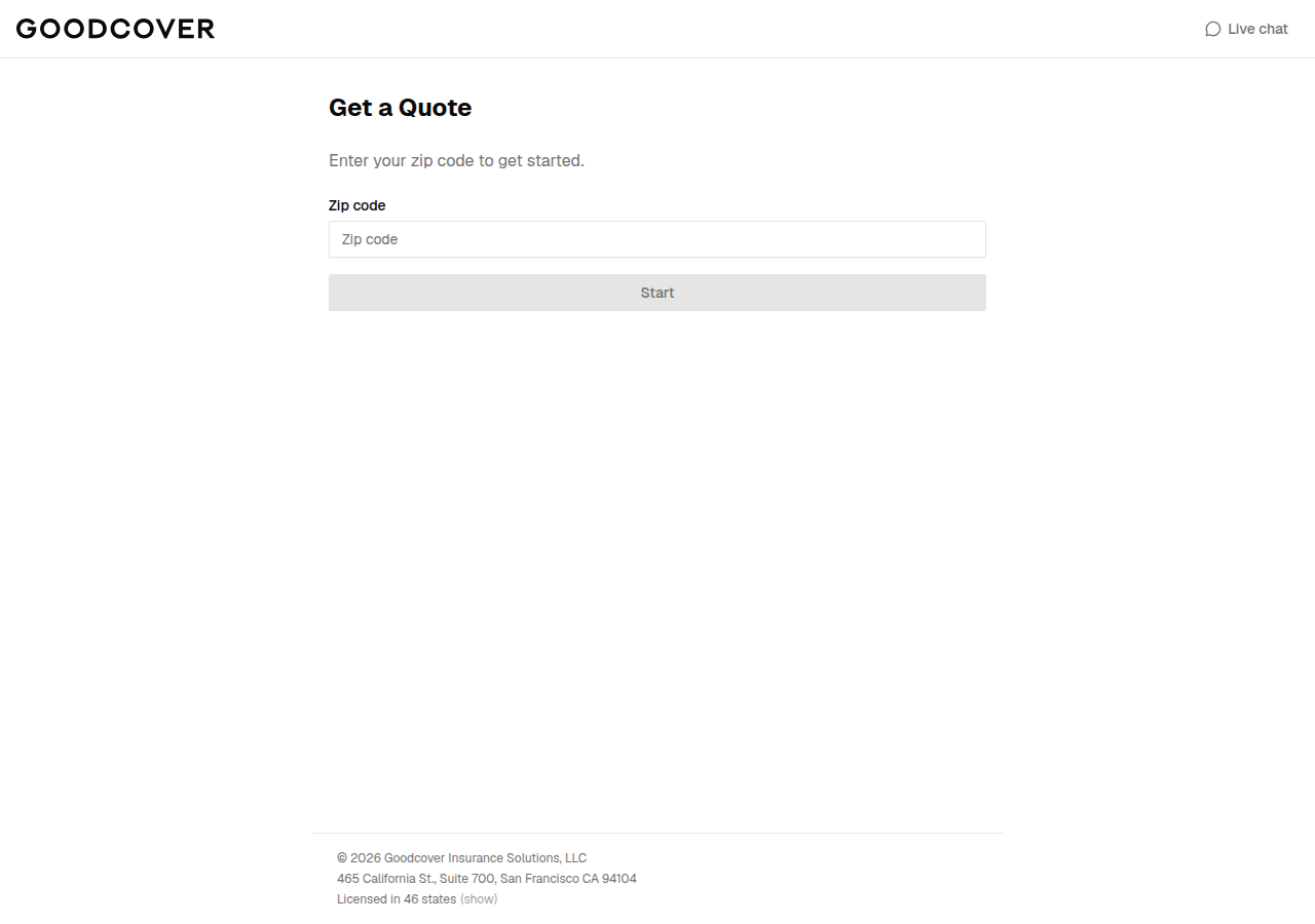 Goodcover Get a Quote page with a ZIP code field and Start button