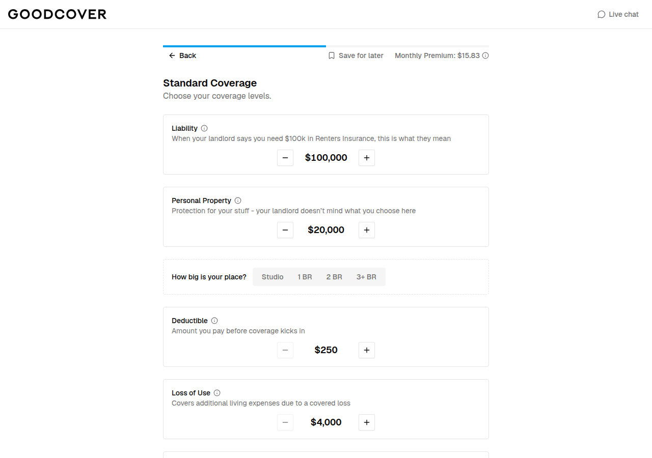 Standard Coverage screen with coverage amounts, deductible controls, and an example monthly premium