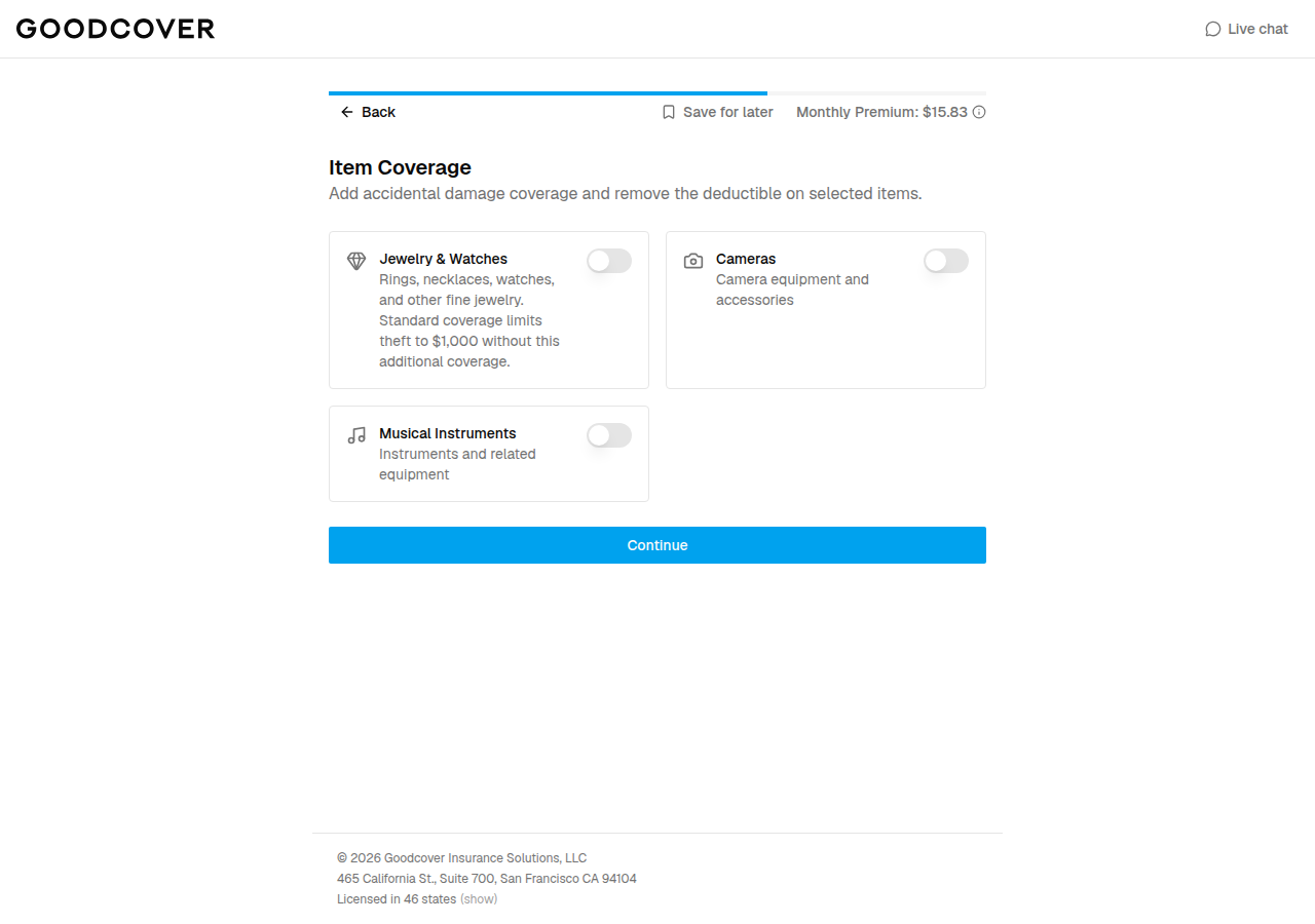 Item Coverage screen with options for jewelry and watches, cameras, and musical instruments