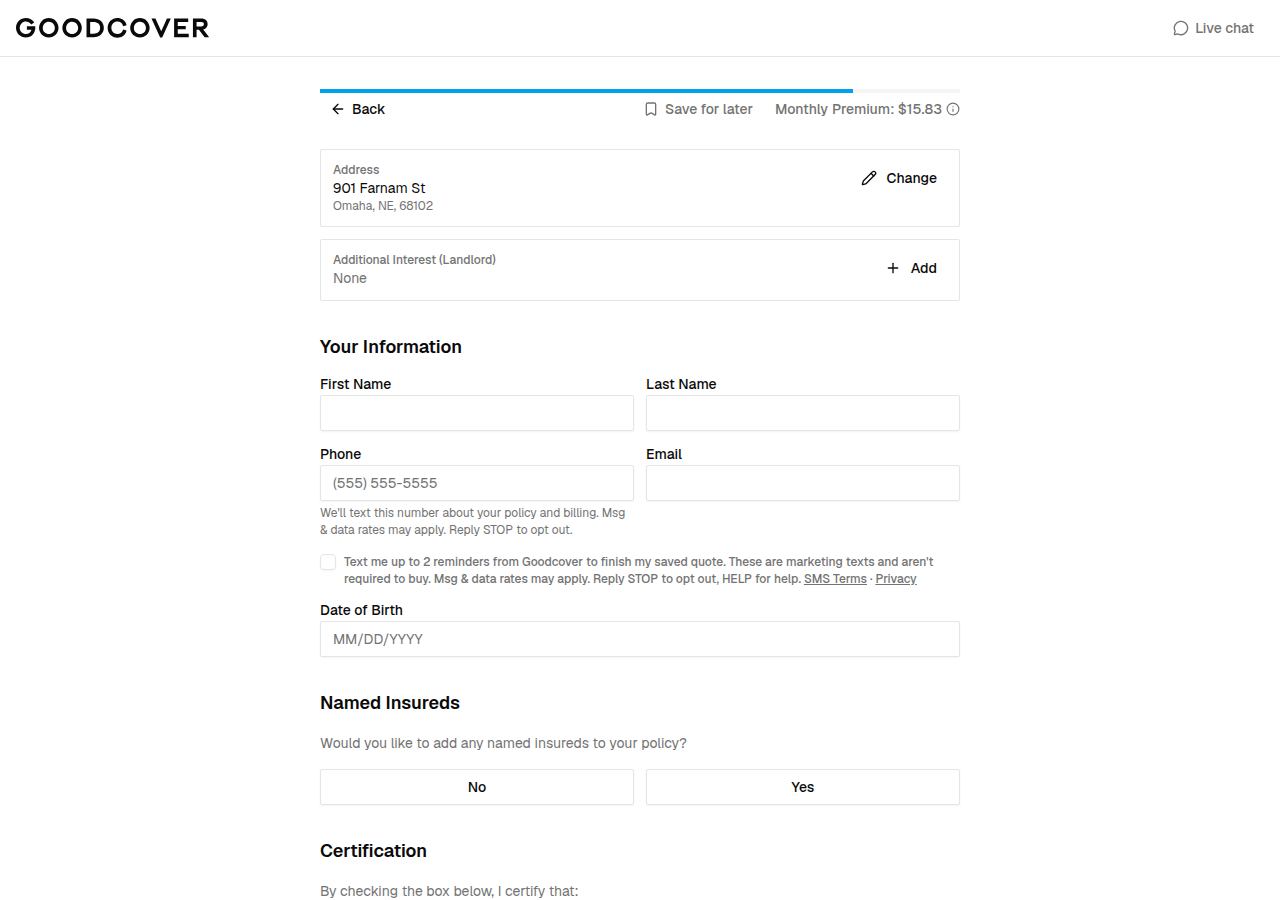 Your Information form with name, phone, email, date of birth, and named insured fields