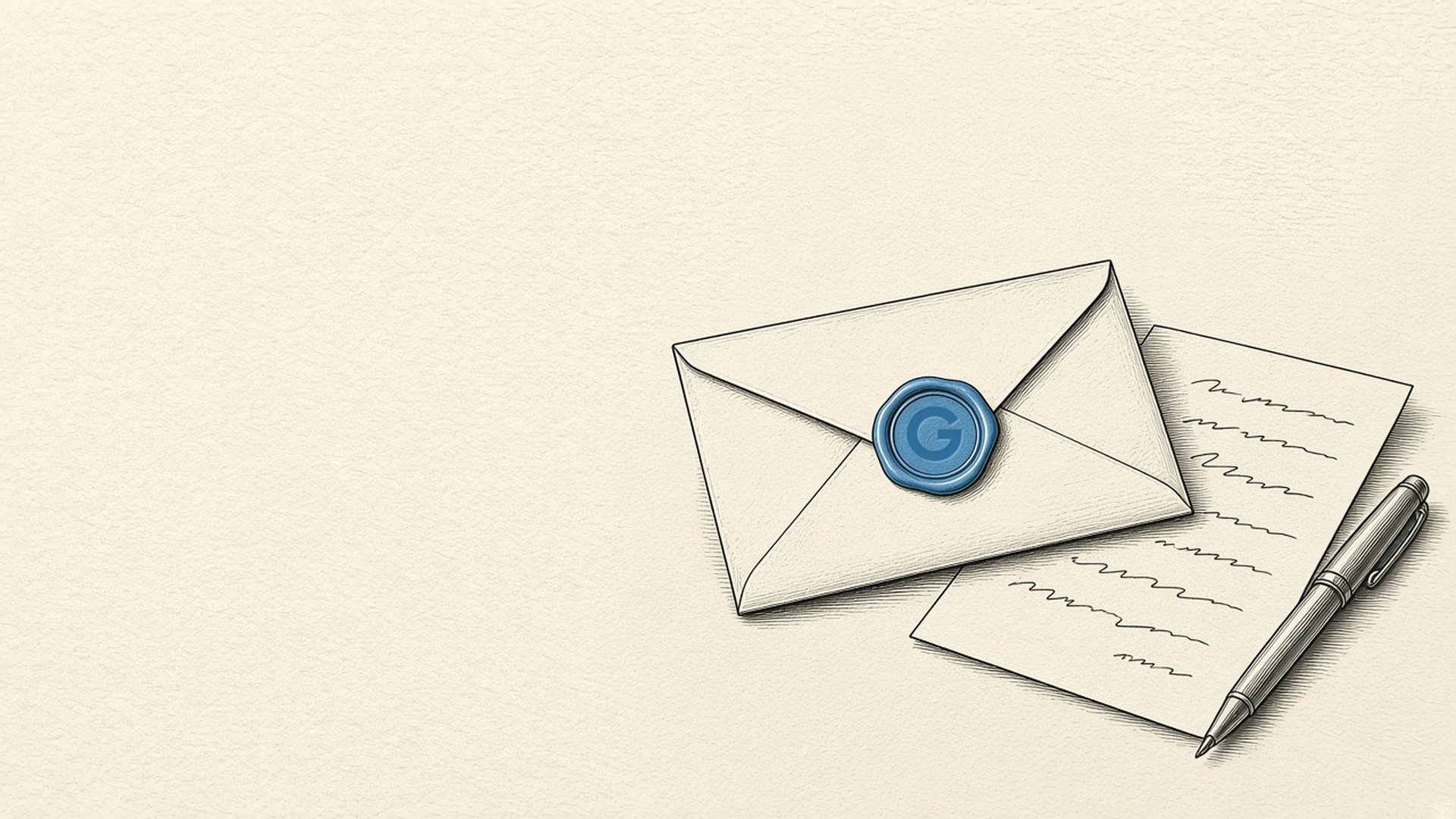 Pen-and-ink drawing of an envelope closed with a blue wax seal stamped with the Goodcover G, lying on a handwritten letter beside a pen.